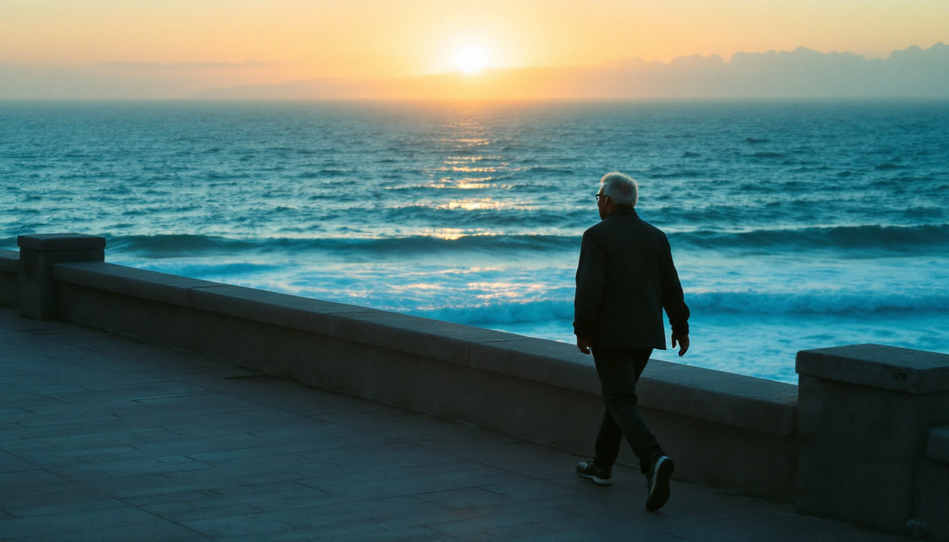 Person walking on a coastal path at sunrise