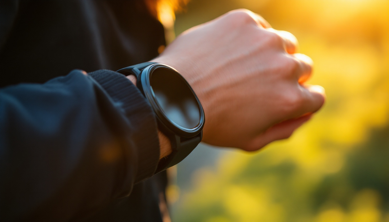 Person checking a fitness watch on a quiet morning walk