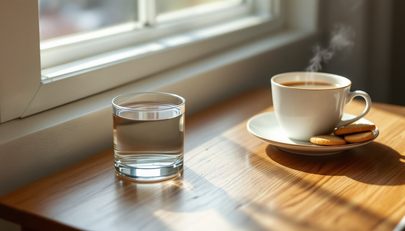 A glass of water and ginger tea on a bedside table