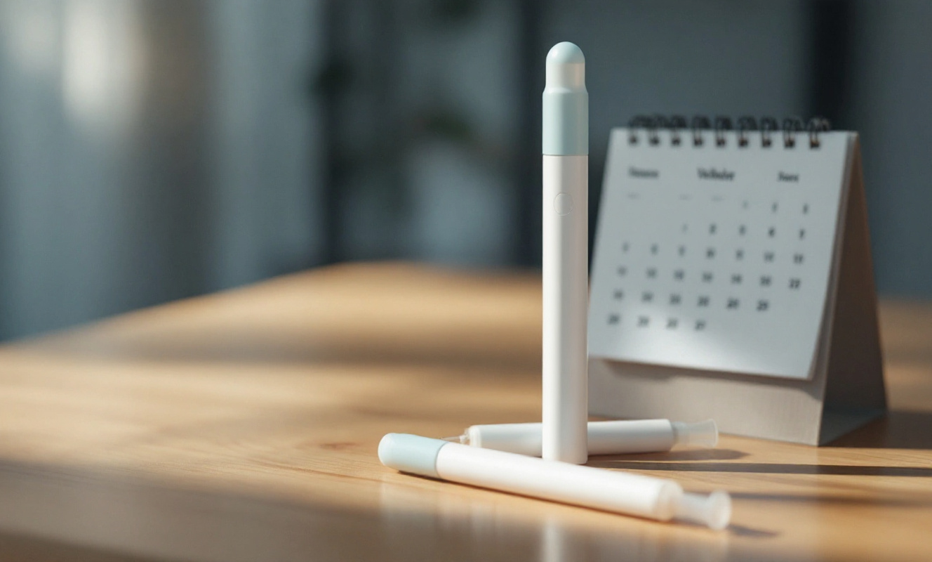 Two empty injection pens beside a calendar