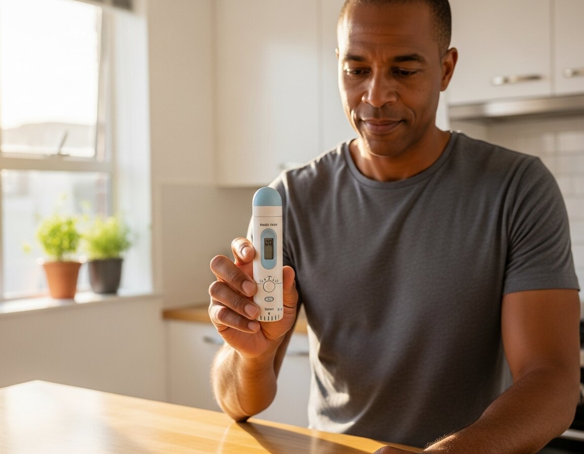 A South African person holding a Wegovy pen on a clean kitchen counter with morning light